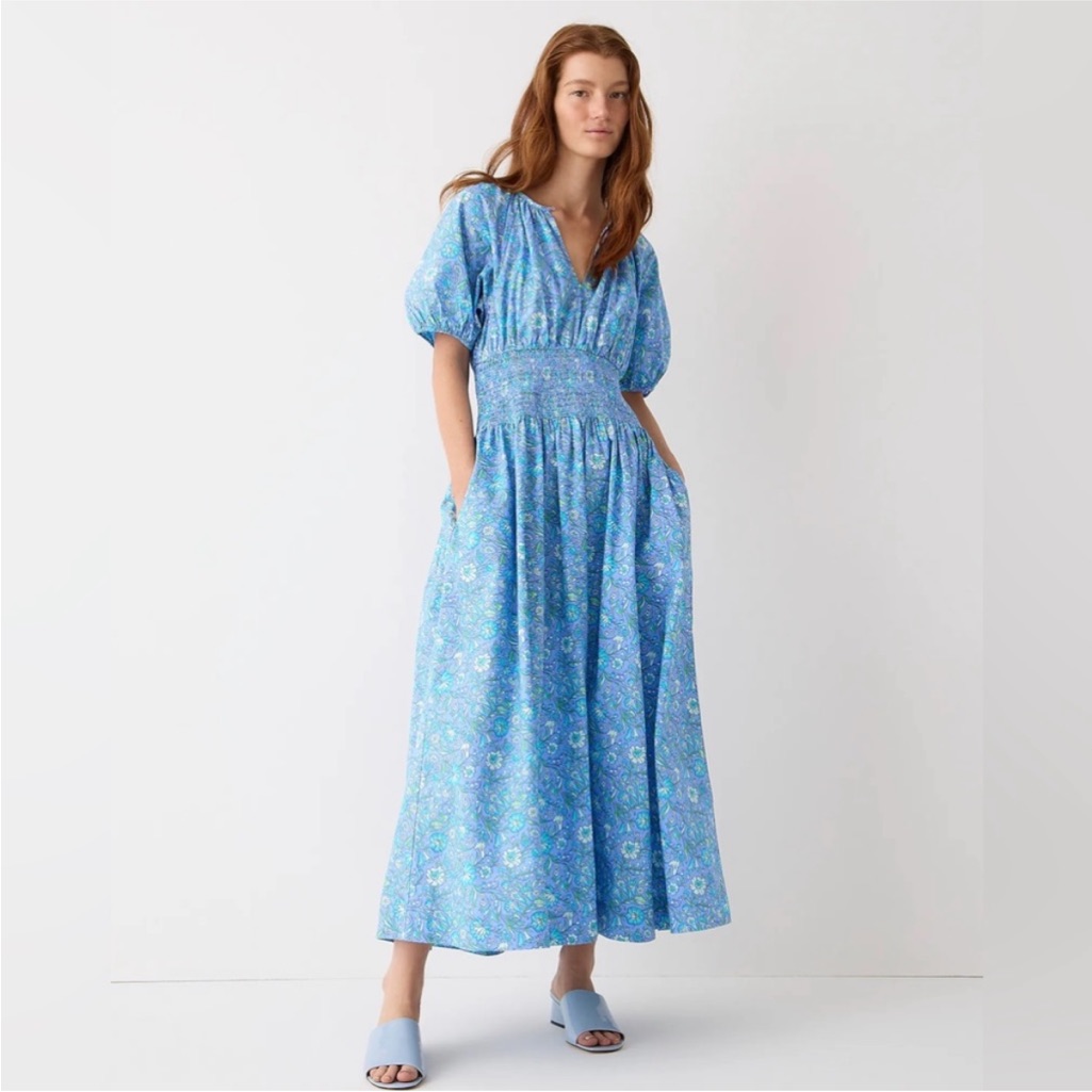 J. Crew Provence Smocked Midi Dress Small Milkmaid Floral Puff Sleeve Cottage